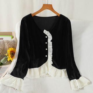 Flared-cuff Ruffled Blouse Black - One Size