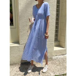 Pleated-waist Seersucker Long Gingham Dress