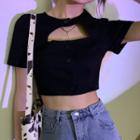 Cut-out Short-sleeve Cropped Top Black - One Size