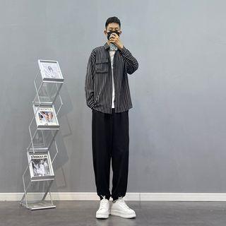 Long-sleeve Striped Shirt / Short-sleeve Plain T-shirt / Plain Pants