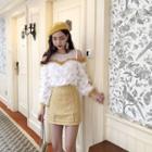 Color-block Fringed Long-sleeve Loose-fit Top / High-waist Pencil Skirt
