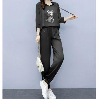 Set: Elbow-sleeve Bear Printed Hoodie + Contrast Trim Sweatpants