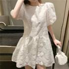 Puff-sleeve Rose Embroidered Dress White - One Size