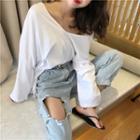 Open Back Long-sleeve T-shirt / Distressed Straight-cut Jeans