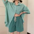 Short-sleeve Striped Loose-fit Shirt Green - One Size