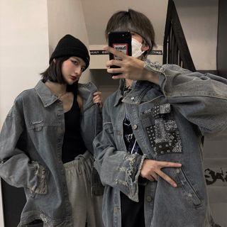 Paisley Print Panel Distressed Denim Jacket