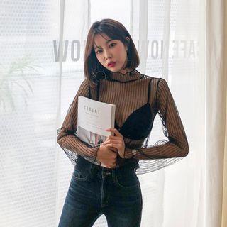 Mock-neck Stripe Tulle Top