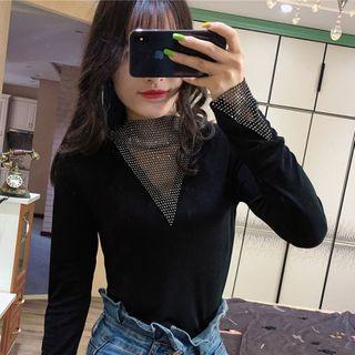 Glitter Mock-turtleneck Long-sleeve Top Black - One Size