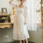 Elbow-sleeve Lace-up Midi A-line Dress