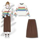 Striped Sweater / Plaid A-line Midi Skirt