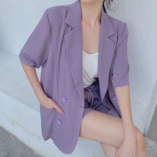Elbow-sleeve Double Breasted Blazer / Drawstring Wide-leg Shorts / Set