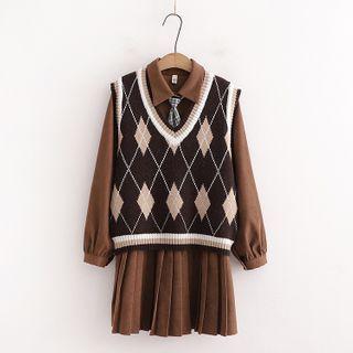 Set: Pleated A-line Shirtdress + Argyle Knit Vest