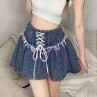 Lace-up Distressed Denim Mini A-line Skirt