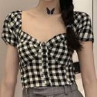 Puff Short-sleeve Square Neck Black & White Plaid Crop Top