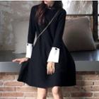 Color Block Long-sleeve A-line Knit Dress Black - One Size