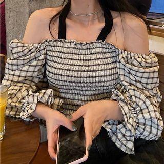 Puff-sleeve Off Shoulder Plaid Blouse