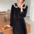 Lace Trim Long-sleeve Midi Shift Dress Black - One Size