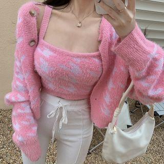 Houndstooth Cropped Knit Camisole / Cardigan