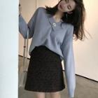 Plain V-neck Loose-fit Sweater / Leopard Skirt