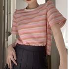 Short-sleeve Striped T-shirt / Pleated A-line Skirt