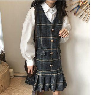 Long-sleeve Plain Shirt / Plaid Buttoned Pinafore Dress