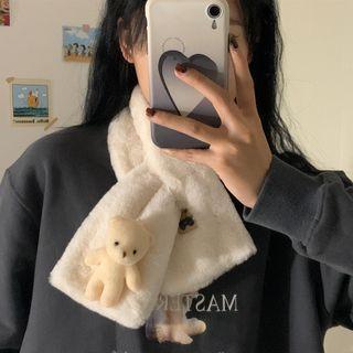 Bear Accent Fluffy Scarf White - White