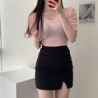 Puff-sleeve Knit Top / Mini Pencil Skirt