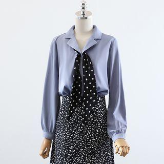 Dotted Tie-neck Blouse / Leopard Print Midi A-line Skirt
