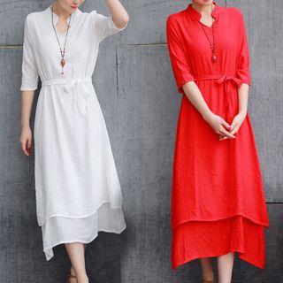 Plain Elbow Sleeve Layered Midi Dress