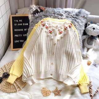 Floral Embroidered Bobble Ribbed Cardigan