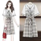 Set: Bell-sleeve Top + Plaid Double-breasted A-line Overall Dress