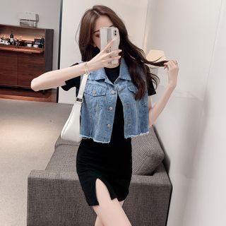 Short-sleeve Knit Mini Bodycon Dress / Distressed Denim Vest