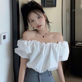 Off-shoulder Puff-sleeve Ruched Crop Top