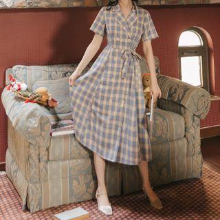 Short-sleeve Tie-waist Double-breasted Check Midi Blazer Dress