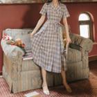 Short-sleeve Tie-waist Double-breasted Check Midi Blazer Dress