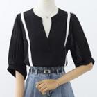 Elbow-sleeve Notched Blouse
