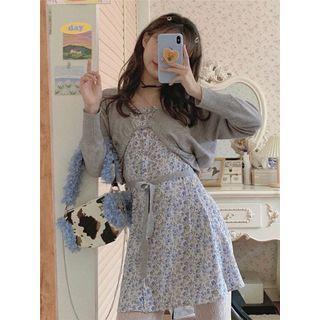 Long-sleeve Cropped Cardigan / Floral Strappy Mini Dress