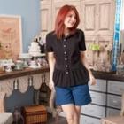 Gathering-waist Lace-trim Short-sleeve Blouse