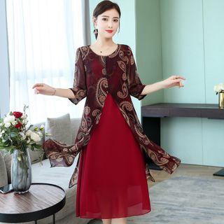 Patterned Mock Two-piece 3/4-sleeve Midi A-line Chiffon Dress
