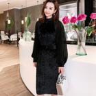 Long-sleeve Velvet Sheath Dress With Belt