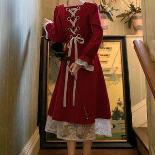 Puff-sleeve Lace-up Back Lace Panel A-line Dress