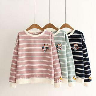 Long-sleeve Striped Cat Embroidered Pullover