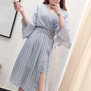 3/4-sleeve Striped Chiffon A-line Dress