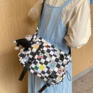 Checkered Nylon Messenger Bag / Bag Charm / Set