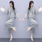 Set: Short-sleeve Floral Applique Denim Blouse + Wide Leg Jeans
