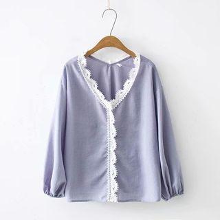 Crochet Trim V-neck Blouse Blue - One Size