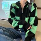 Plaid Zip-up Knit Jacket Green & Black - One Size