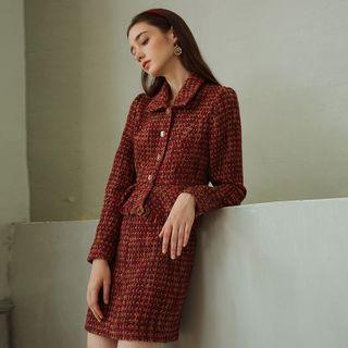 Set: Plaid Ruffle Hem Button Jacket + Mini Straight-fit Skirt