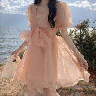 Puff-sleeve Bow Accent Mesh Dress