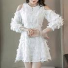 Long-sleeve Cold-shoulder Feather-accent Mini A-line Dress